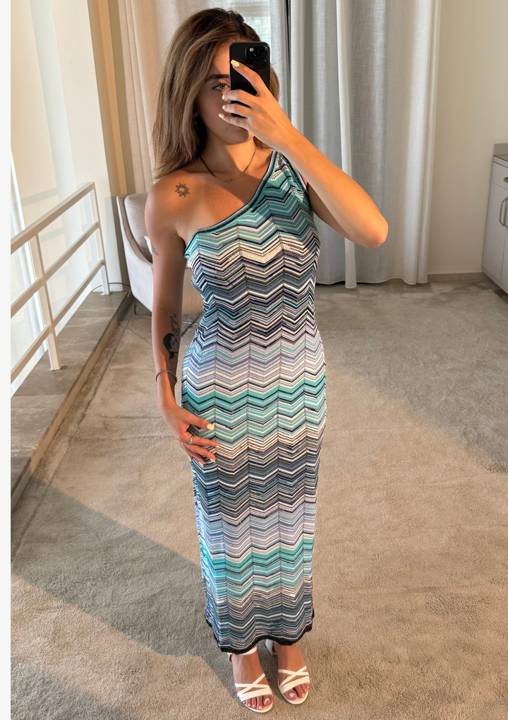 Azure Wave One Shoulder Knit Maxi Dress