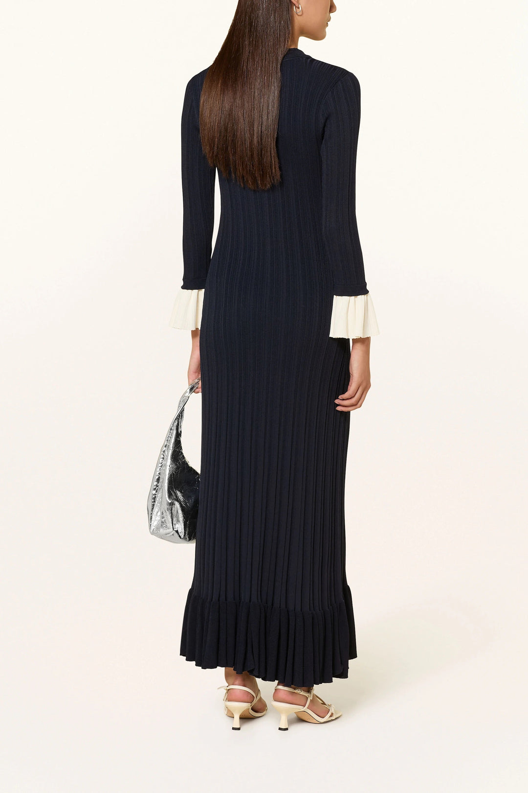 Royal Navy Viscose Knit Pleated Cuffs Maxi Dress