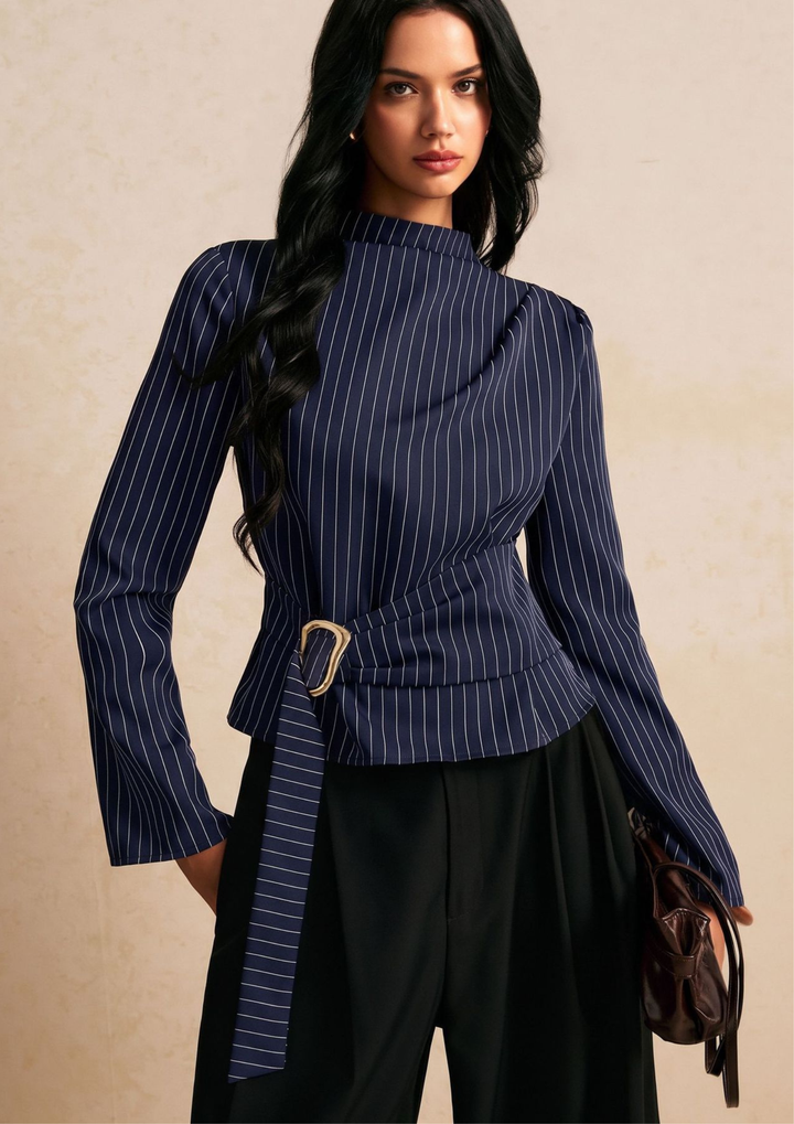 Arden Pinstripe Belted Blouse