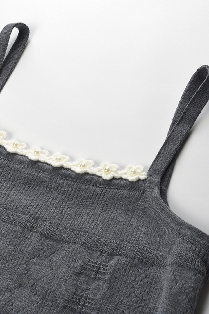 Grey Floral Pearl Knit Camisole Top