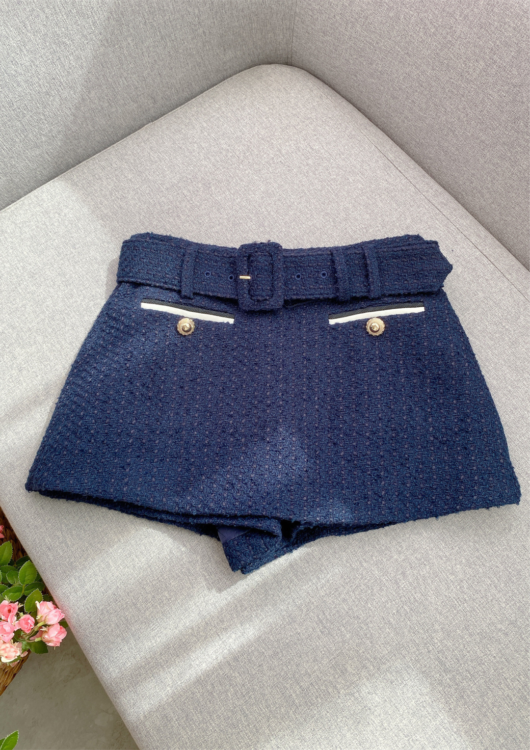 Navy Contrast Elegance Tweed Belted Set