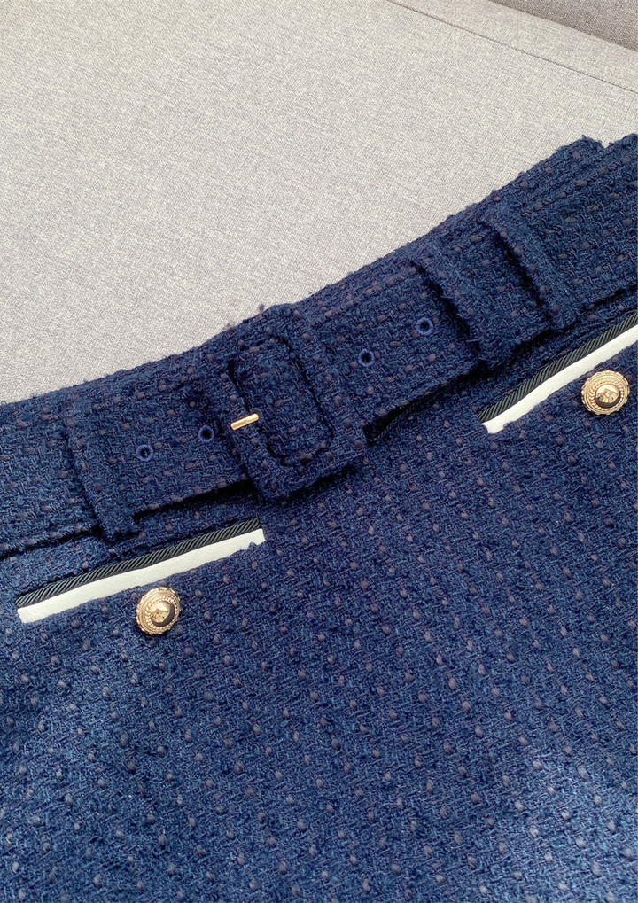 Navy Contrast Elegance Tweed Belted Set