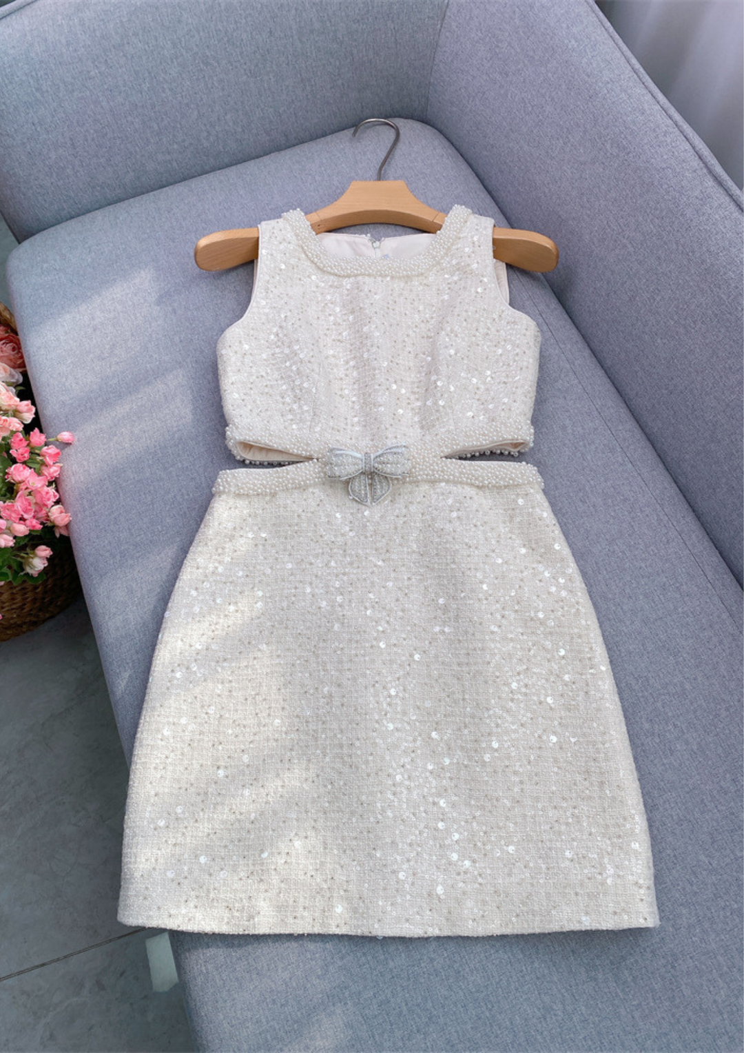 Crystal Bloom Short Sleeve Tweed Knit Mini Dress
