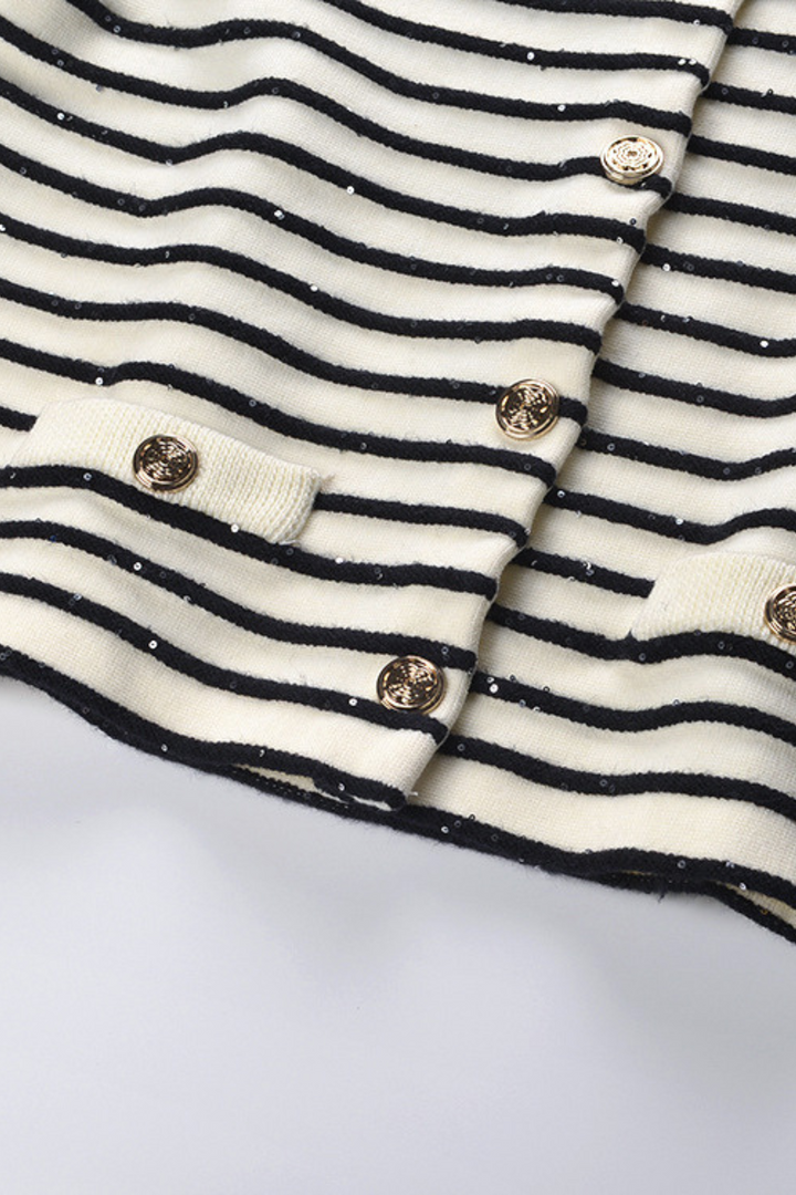 Sequin Contrast Striped Round Neck Viscose Cardigan