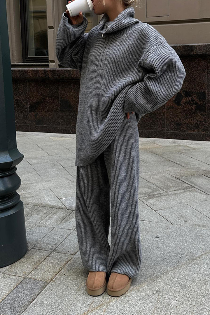 Comfy Ribbed Lapel Wide Leg Knit Set