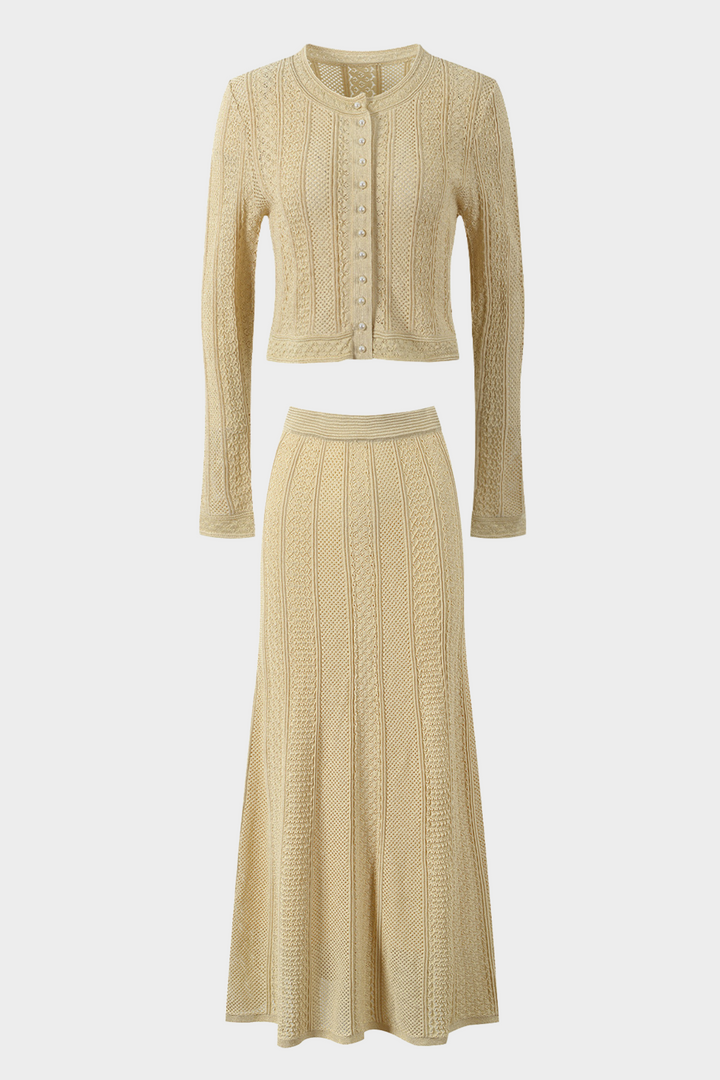 Beige Hollow Knitted Viscose Pearl Button Cardigan &amp; Maxi Skirt Set