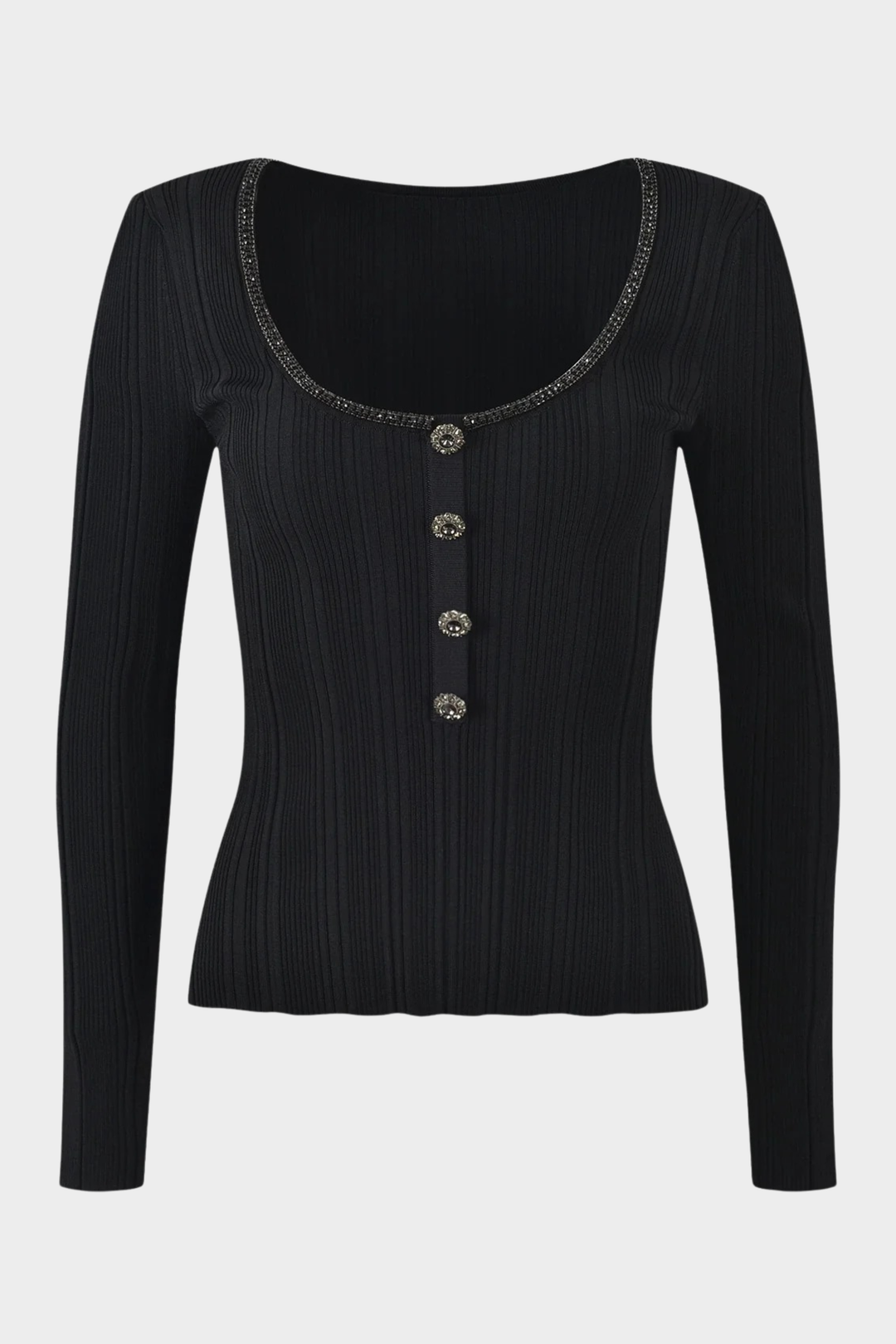 Crystal Trim U-Neck Ribbed Wool Top