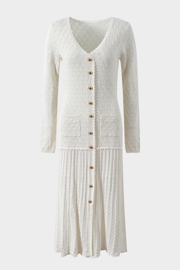 Ivory Luxe Hollow Golden Button Viscose Knit V-Neck Maxi Dress