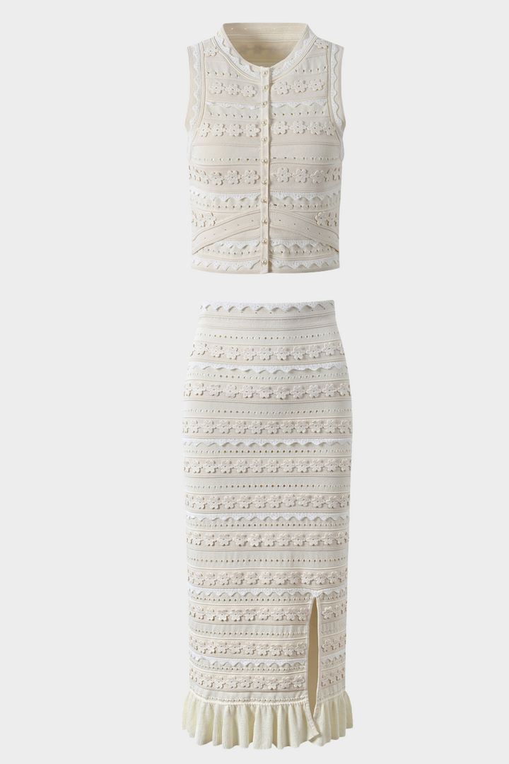 Lily – Pearl Button Floral Knit Ruffle Skirt Viscose Set In Beige