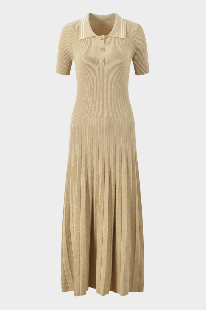 Lily – Golden Sand Polo Collar Pleated Viscose  Knit Maxi Dress