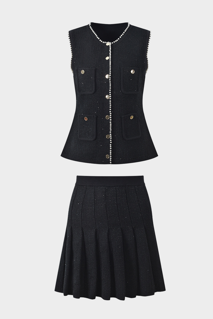 Luxury Pearl Trimmed Beaded Vest &amp; Pleated Skirt Set