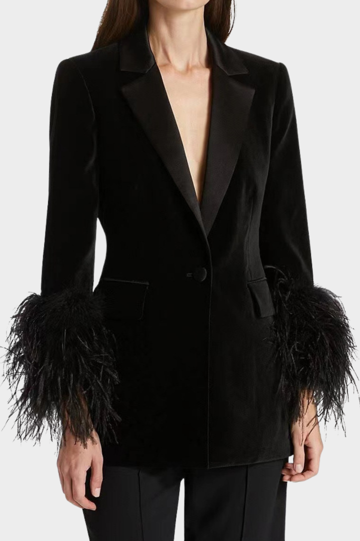 Noir Velvet  Ostrich Feather Cuffs Blazer