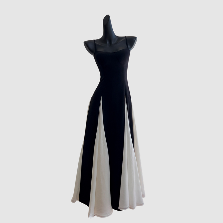 Monochrome Elegance Twill Chiffon Maxi Dress