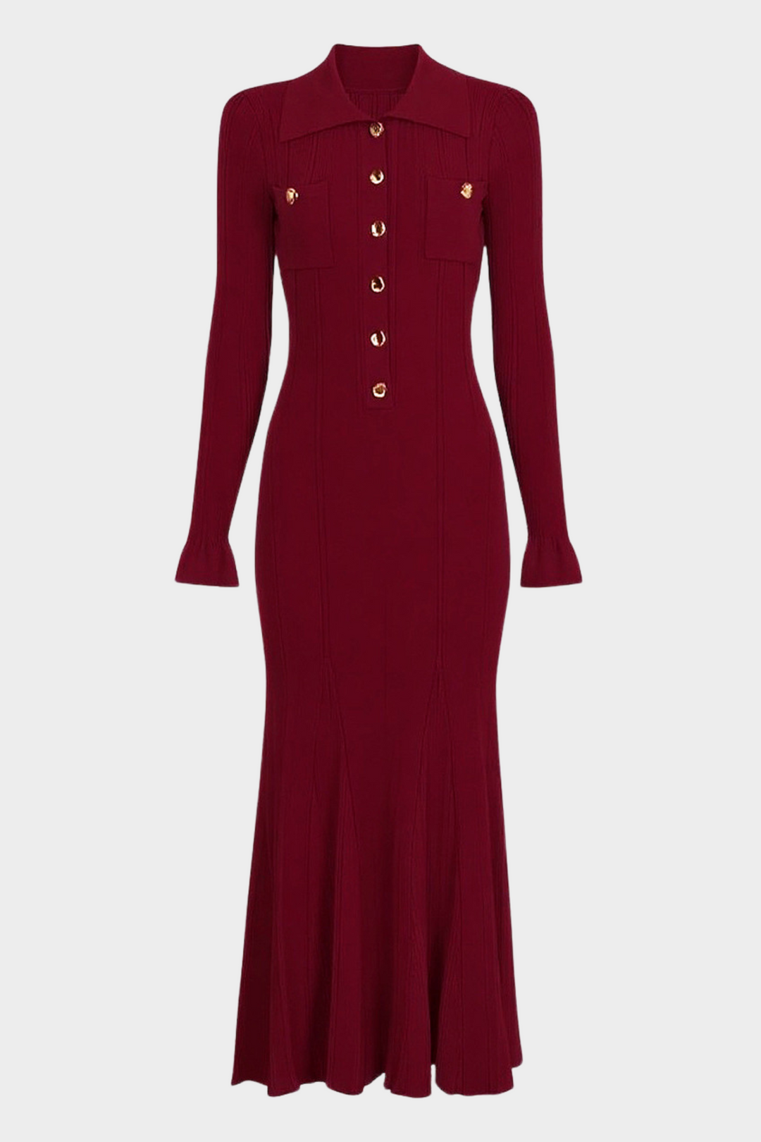 Viscose  Lapel Gold Buttons  Flared Hem Maxi Dress