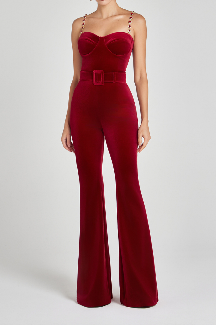 Ruby Elegance  Velvet Belted Jumpsuit