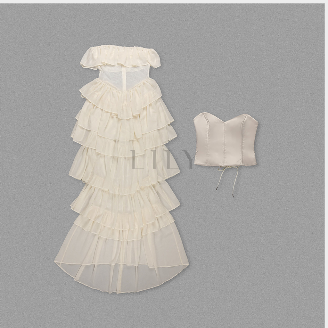 Strapless Chiffon Soft Ruffles Corset Maxi Dress