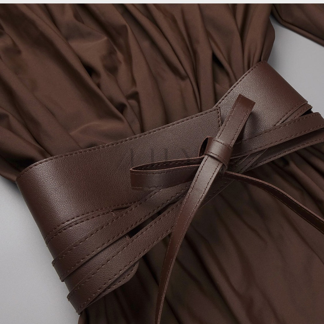 Deep V Neck Cinched Leather Waist Maxi Dress