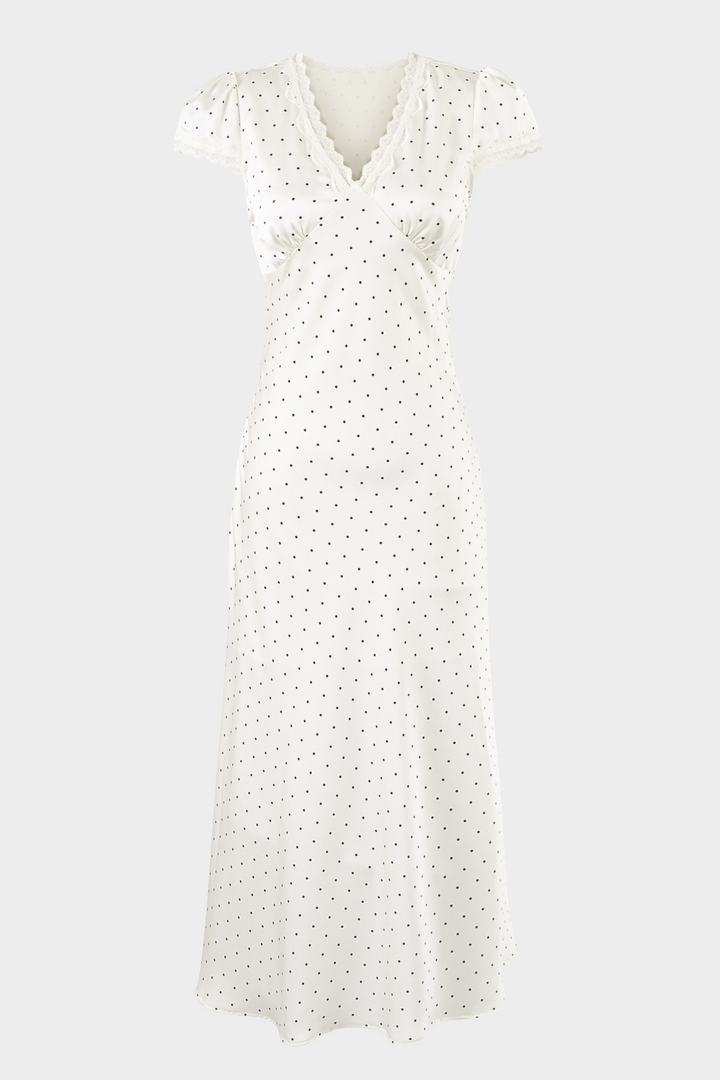 Lily-Retro Charm Polka Dot Satin V Neck Maxi Dress