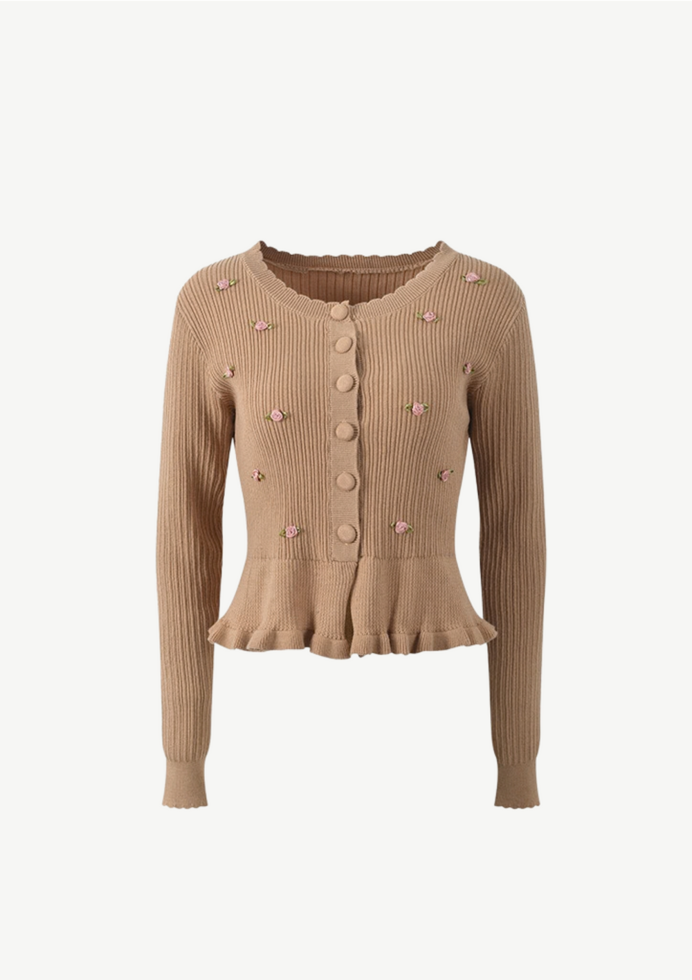 lily Rosalie camel ribbed knit peplum cardigan with delicate pink rose embroidery and covered button front