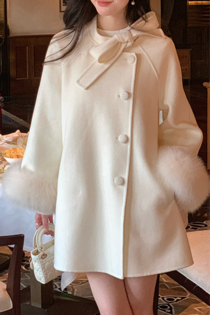 Fox Fur Wool Poncho Bow Statement Cuffs Coat
