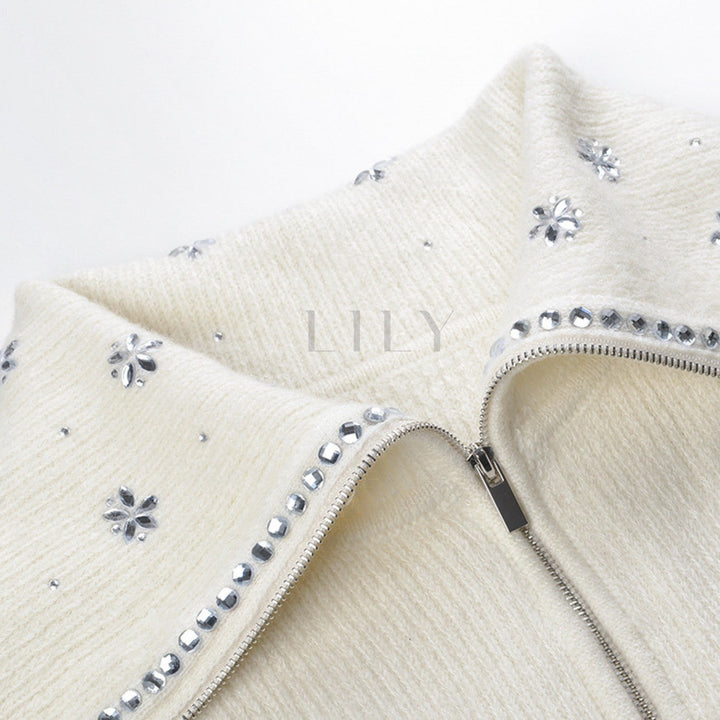 Crystal Bloom Collar Wool Cardigan Jacket Top