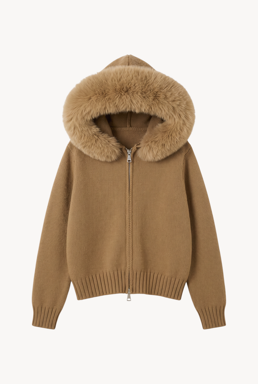 lily tan wool hooded jacket with a plush genuine fox fur collar and front zipper closure