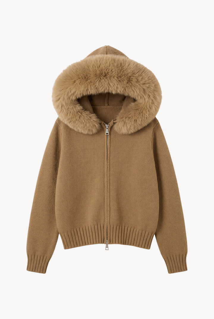 lily tan wool hooded jacket with a plush genuine fox fur collar and front zipper closure