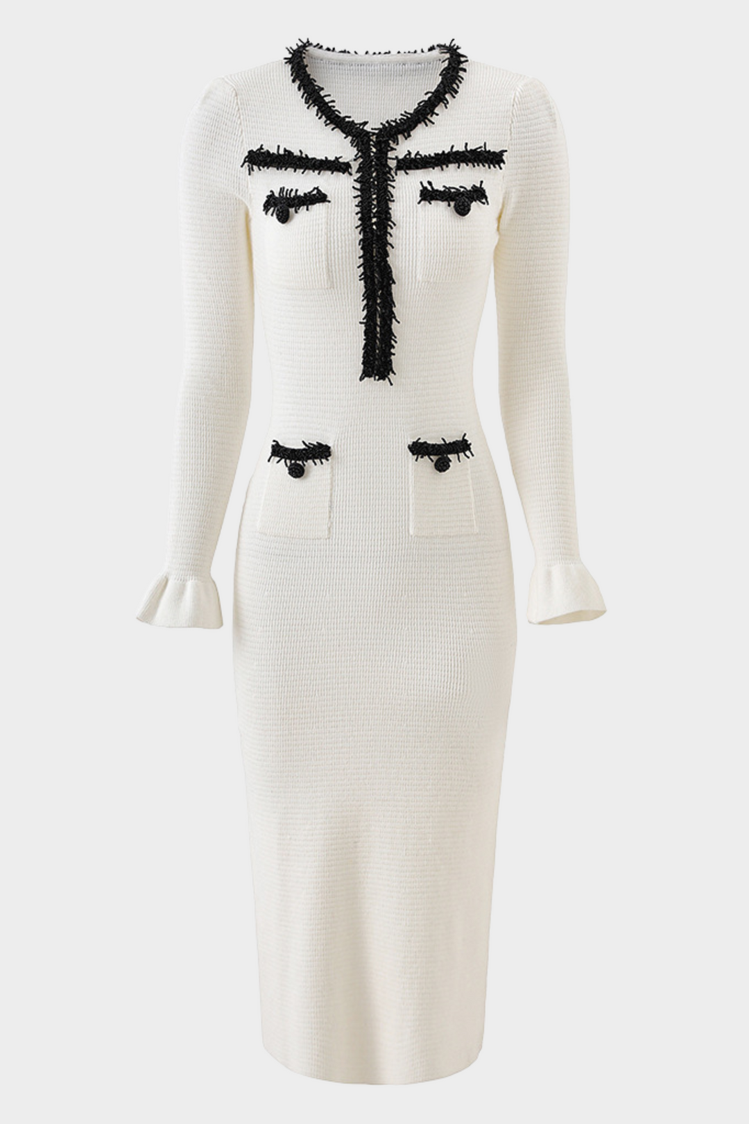Opulent Pearl Trim Viscose Knit Flare Elegance Maxi Dress