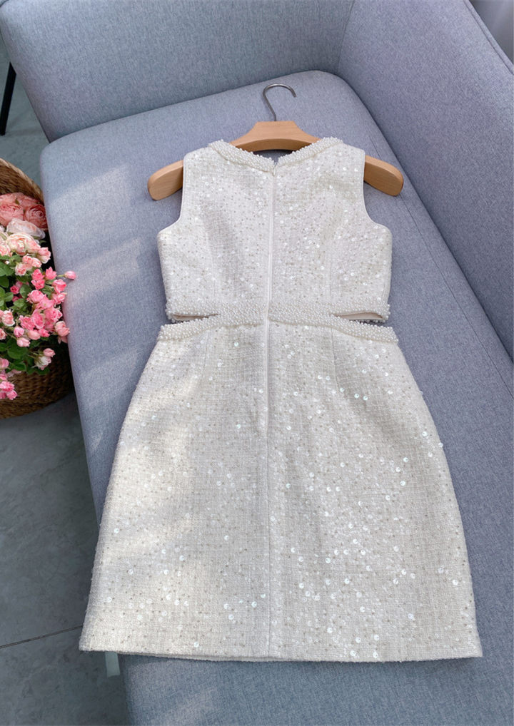 Serene Shine Pearl Sequin Bow Open Waist Mini Dress