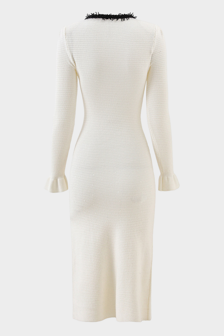 Opulent Pearl Trim Viscose Knit Flare Elegance Maxi Dress
