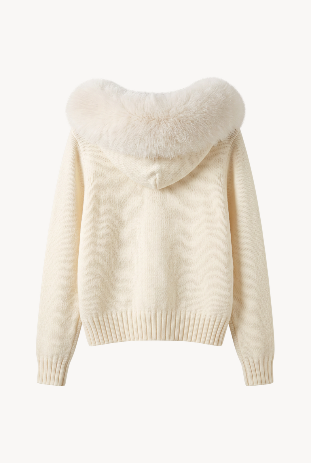 lily cream wool hooded cardigan with a plush genuine fox fur trim on the hood, back view