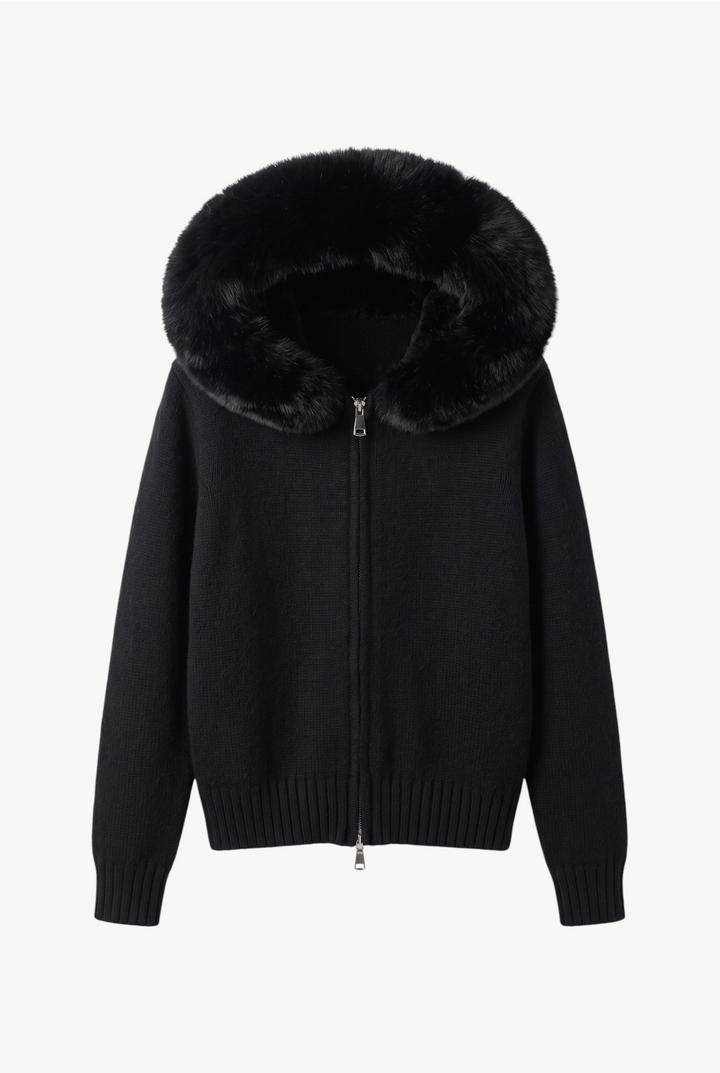 lily black wool hooded jacket with a plush genuine fox fur collar and full front zipper closure
