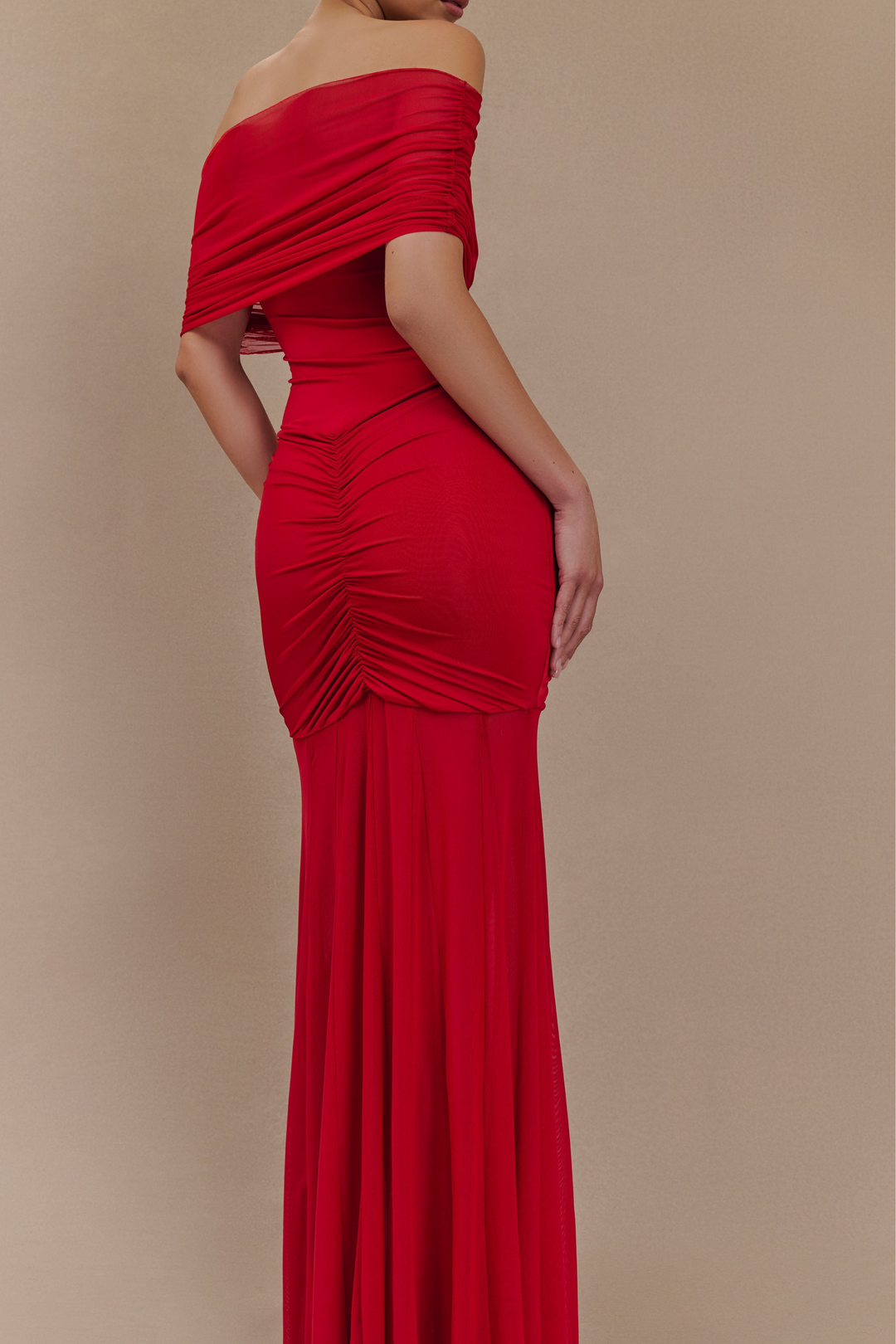 Scarlet Serenity Off Shoulder Ruched Mesh Maxi Dress