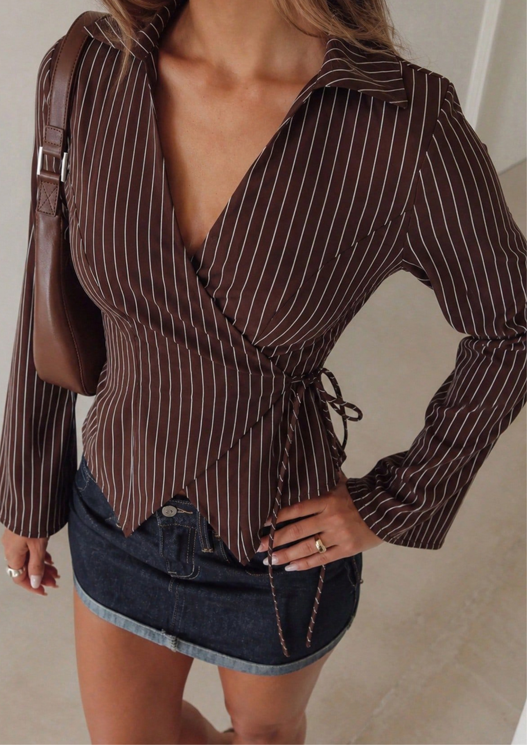 Verona Pinstripe Wrap Blouse