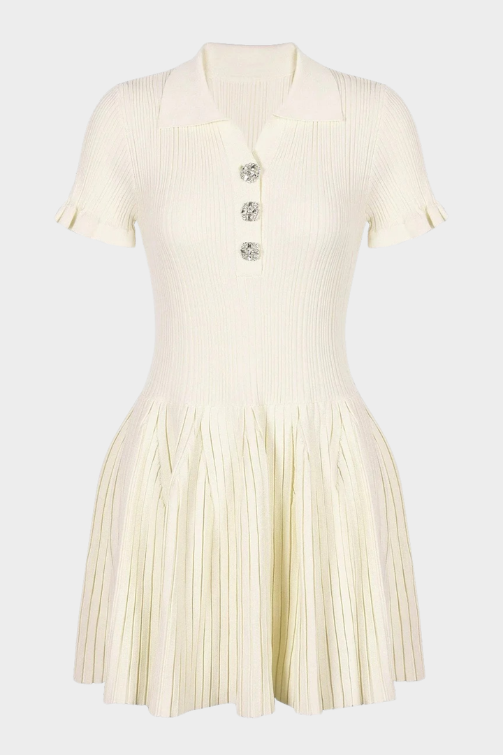 Chérie Knit Crystal Button Pleated Mini Dress