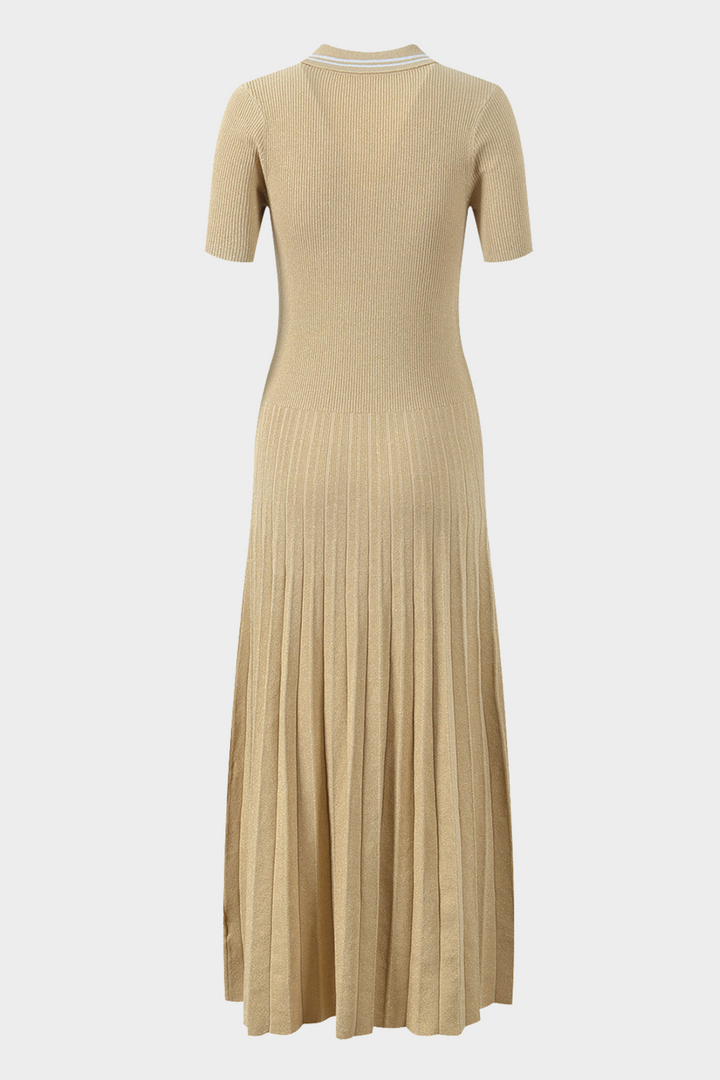 Lily – Golden Sand Polo Collar Pleated Viscose  Knit Maxi Dress