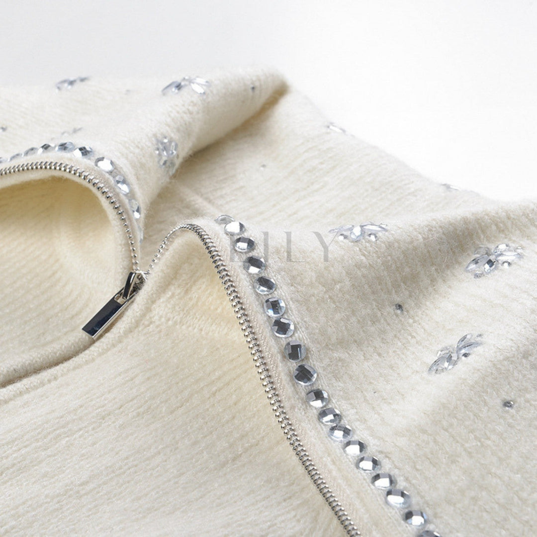Crystal Bloom Collar Wool Cardigan Jacket Top