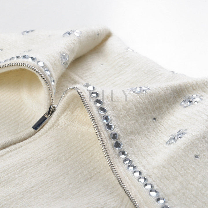 Crystal Bloom Collar Wool Cardigan Jacket Top