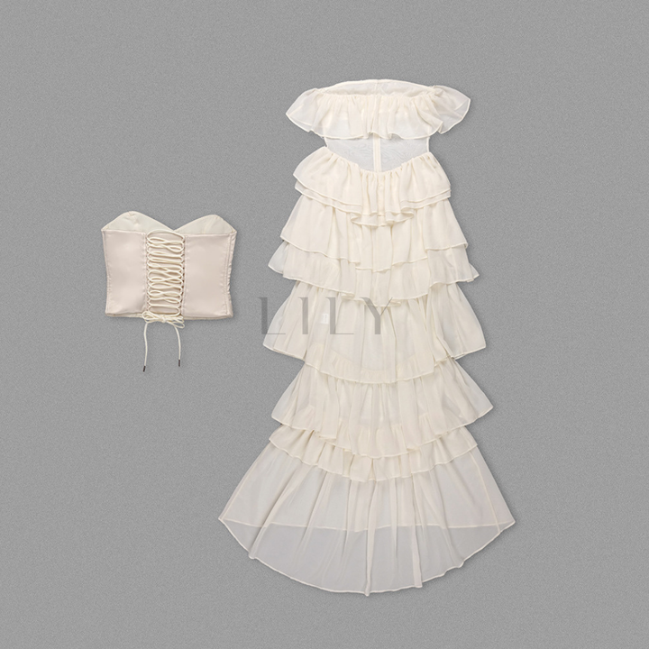 Strapless Chiffon Soft Ruffles Corset Maxi Dress