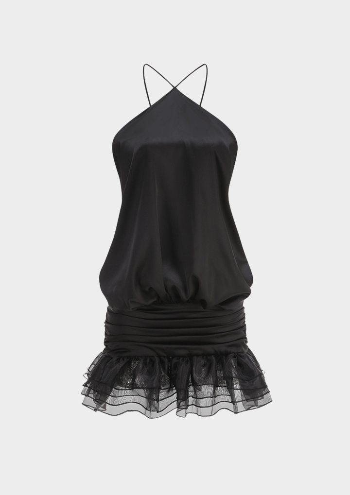 Noir Whisper Backless Ruffle Mini Dress