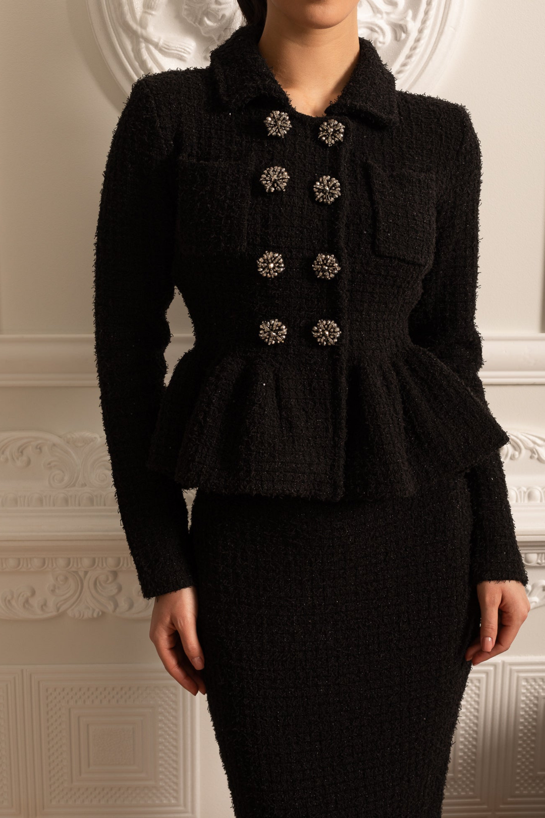 Classic Noir Ruffle Sequin Knit Maxi Dress