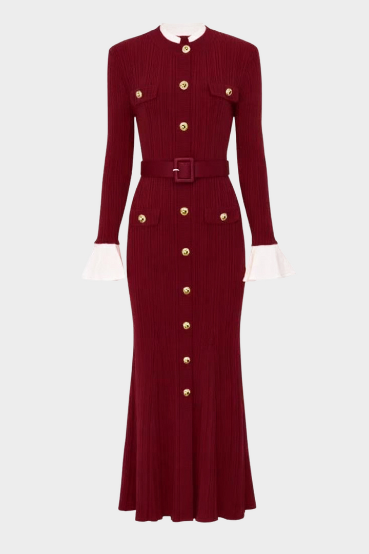 Majestic Knit Contrast Cuffs Sculpted Waist  Maxi Dress