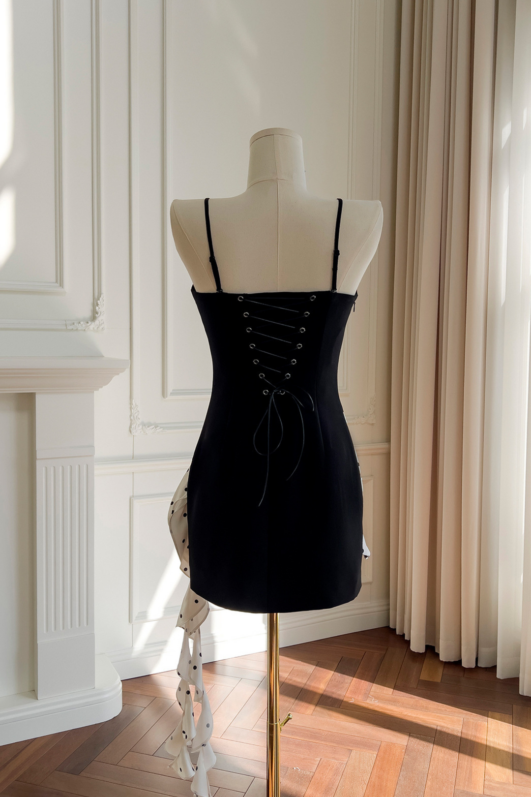Noir Rosette Polka Back Tie Mini Dress