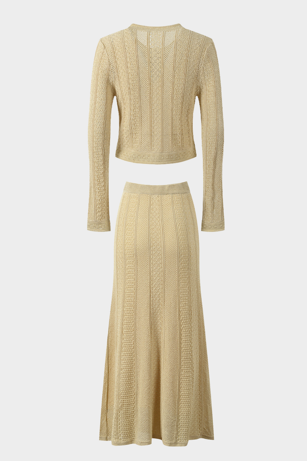 Beige Hollow Knitted Viscose Pearl Button Cardigan &amp; Maxi Skirt Set