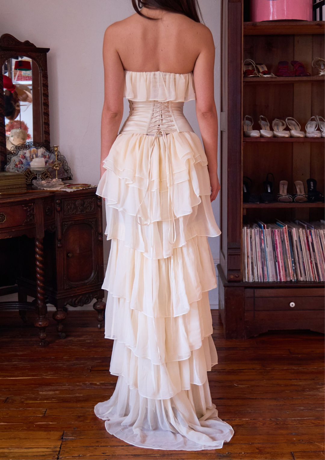 Strapless Chiffon Soft Ruffles Corset Maxi Dress