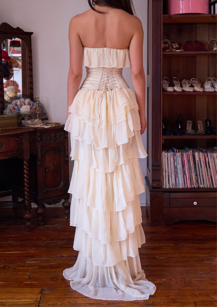 Strapless Chiffon Soft Ruffles Corset Maxi Dress