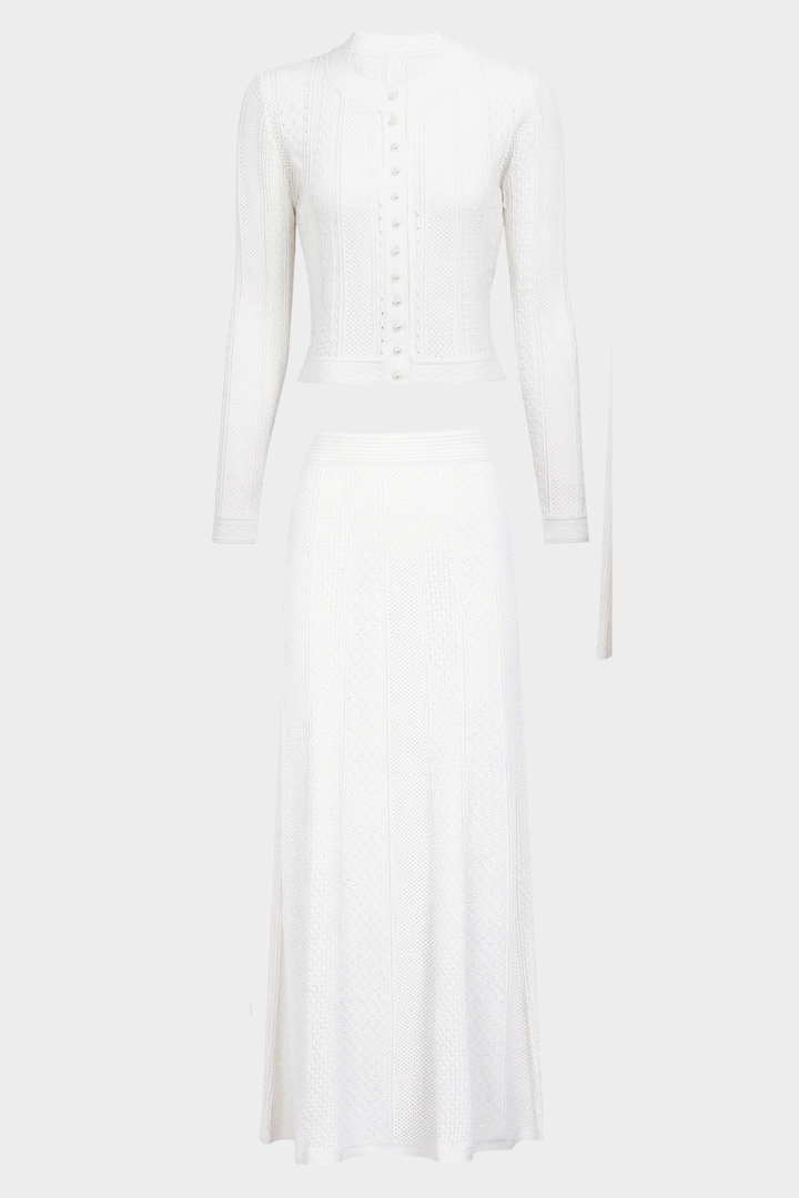 Pearl Luxe Buttoned Textured Knit Maxi Skirt Set