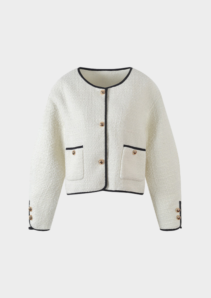 Ivory Trimmed Tweed Button Cardigan