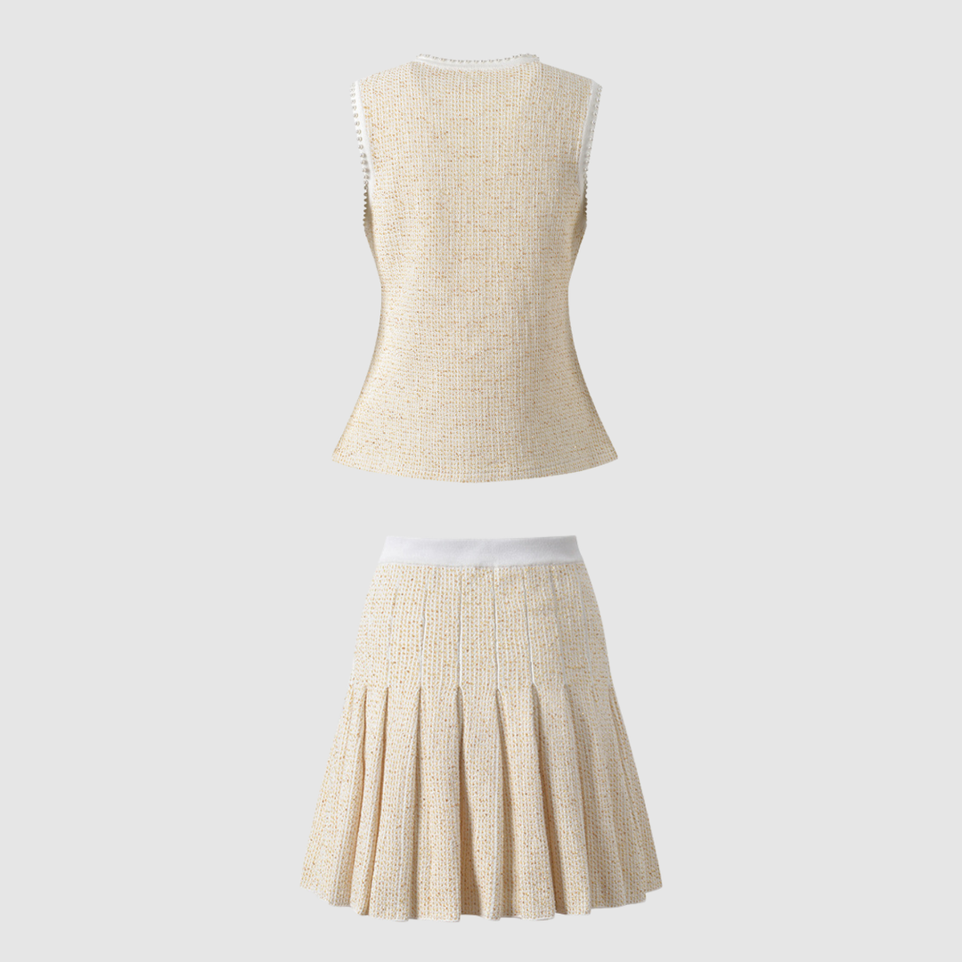 Elegant Golden Pleated Pearl Vest Set