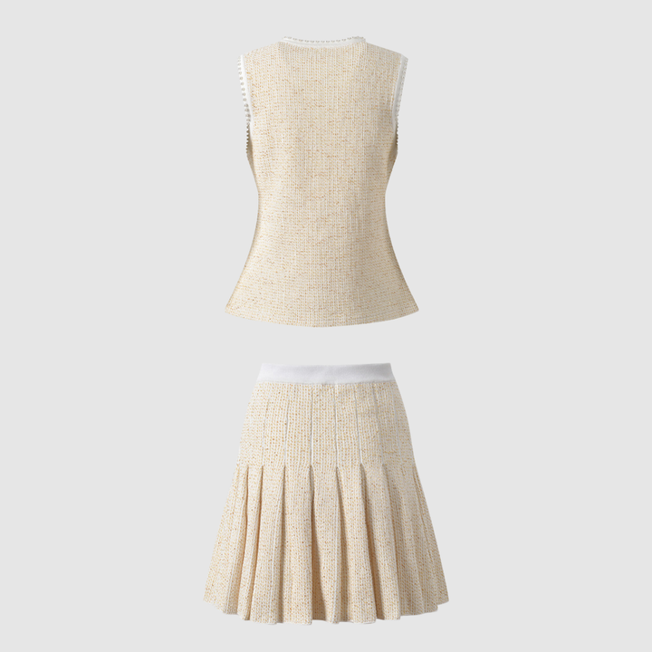 Elegant Golden Pleated Pearl Vest Set